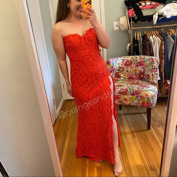 Fame and Partners Red Lace Strapless Maxi Dress Small - Picture 9 of 12